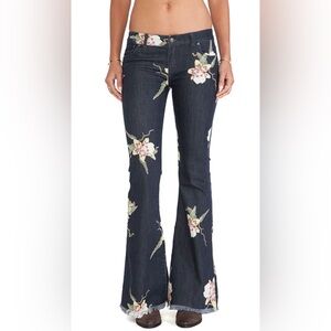 Free People Dark Blue Floral Embroidered Flare Jeans
